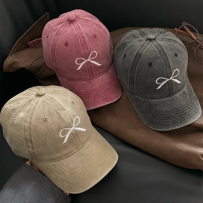 Pink Bow Baseball Cap For Women Y2K Korean Washed Denim Snapback Hat