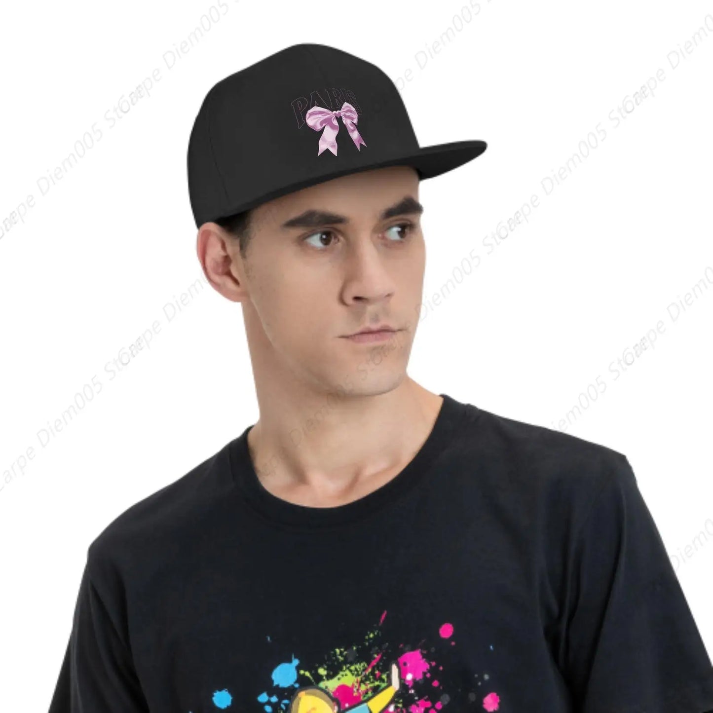 Paris Chic Snapback Cap With Purple Heart-Shaped Ribbon Print 2d