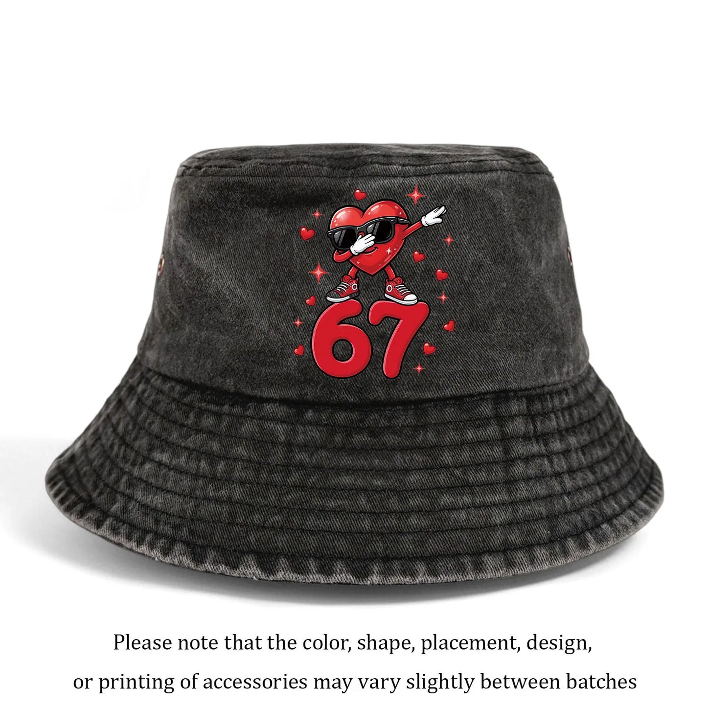 A Washed Denim Bucket Hat With A Sunglasses Heart Number