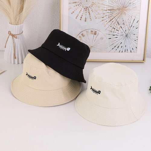Cross-Border Simple Embroidered Fishbone Wide-Brimmed Fisherman's Hat
