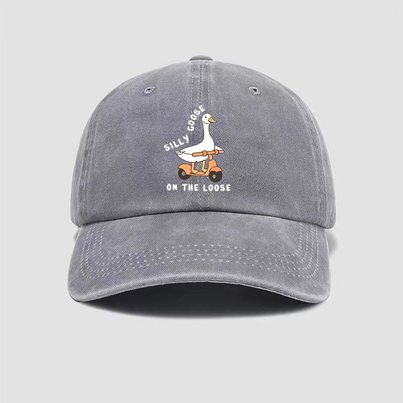 Skateboarding Duck Print Washed Baseball Cap