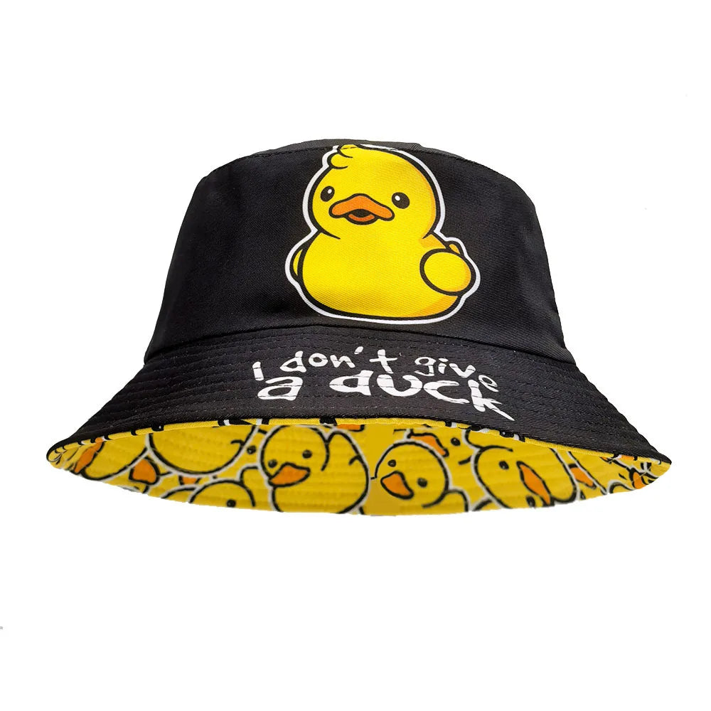 Double-sided Yellow Duck Print Pattern Panama Summer Sunscreen Fisherman Cap Bucket Hat