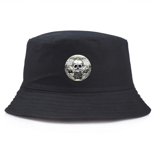 Black Bucket Hat With Skull & Rose Summer Fishing Hat For Men Women