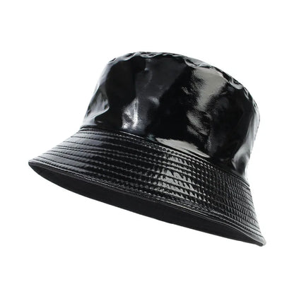 Fashion Shiny Hip-Hop Bucket Hat For Women Men PU Leather Waterproof Panama Cap