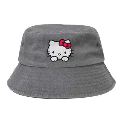 Men Women Washed Denim Bucket Hat Hello Kitty Summer Travel Headwear Packable
