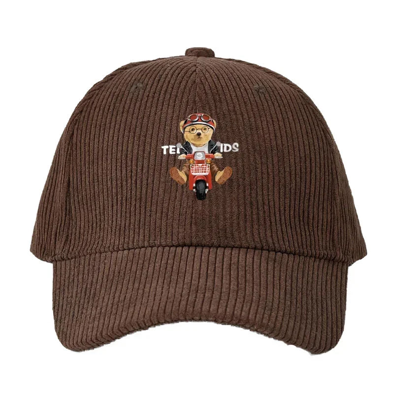 Corduroy Baseball Cap Men Teddy Bear Motorcycle