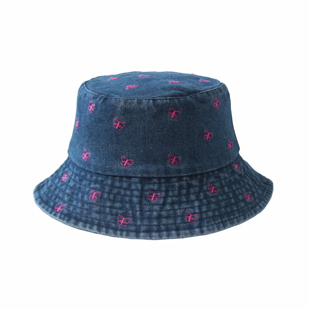 Emboridery Denim Bucket Hat Summer Travel Beach Sun Hats  for Women Men