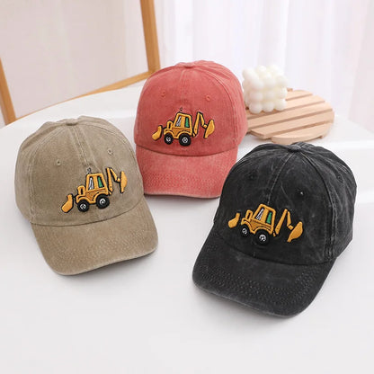 School Kids Baseball Hats Bulldozer Excavator Embroidered Boys