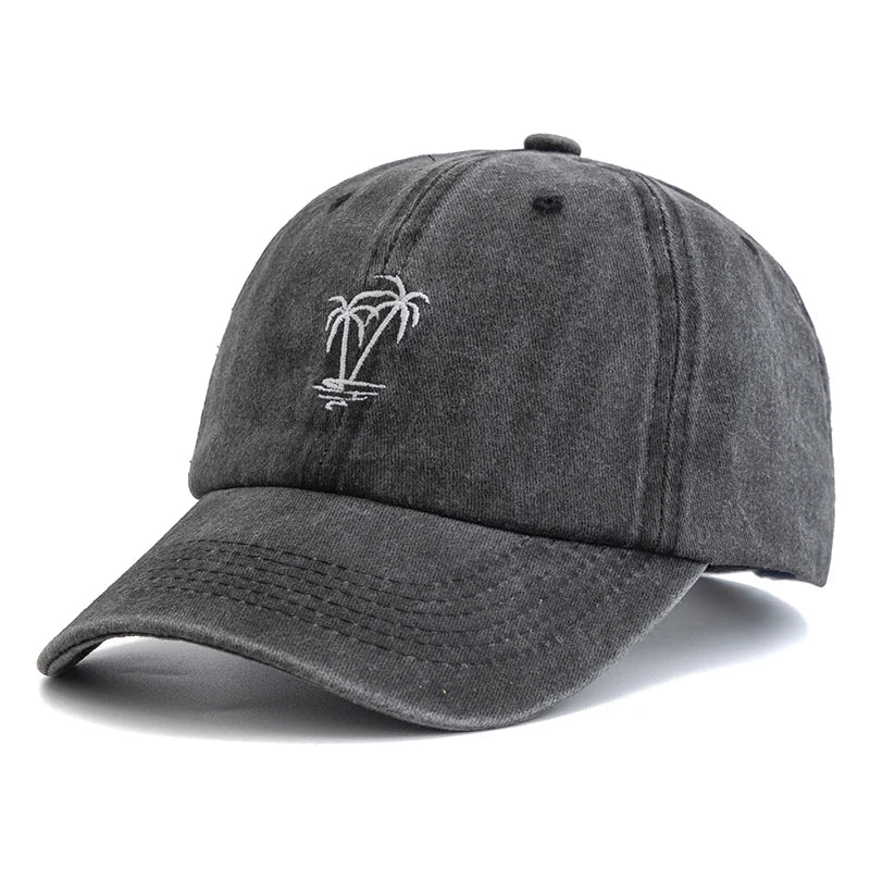 New Unisex Washed Cotton Cap Coconut Tree Embroidery Vintage Baseball Cap