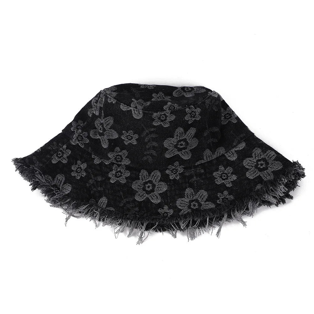 Sunscreen Denim Basin Hat Casual Wind Floral Burr Edge Versatile Bucket Hat