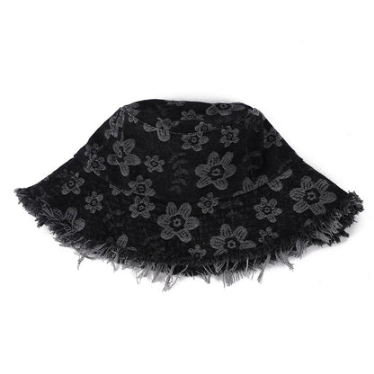 Sunscreen Denim Basin Hat Casual Wind Floral Burr Edge Versatile Bucket Hat