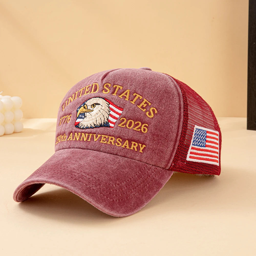 United States 250th Anniversary 1776-2026 Bald Eagle Embroidered Washed Mesh Baseball Cap