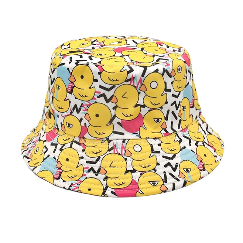 Double-sided Yellow Duck Print Pattern Panama Summer Sunscreen Fisherman Cap Bucket Hat