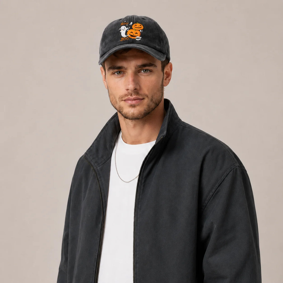 Vintage Washed Happy Boo Pumpkin Ghost Graphic Baseball Cap