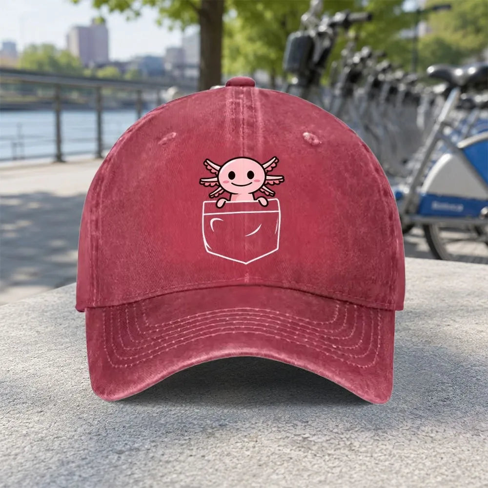 Unisex Pocket Axolotl Print Washed Baseball Cap