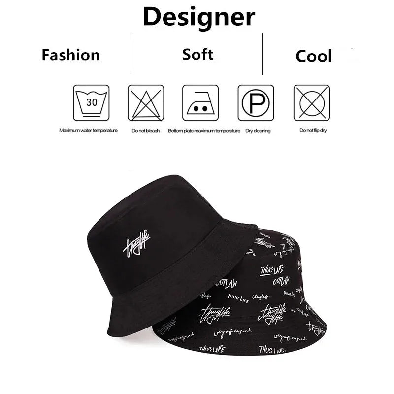 Unisex Double Sided Wearable Thugufe Embroidery Personality Bucket Hats Fishermen Caps