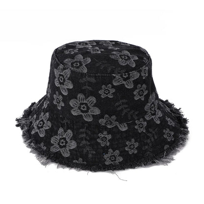 Sunscreen Denim Basin Hat Casual Wind Floral Burr Edge Versatile Bucket Hat