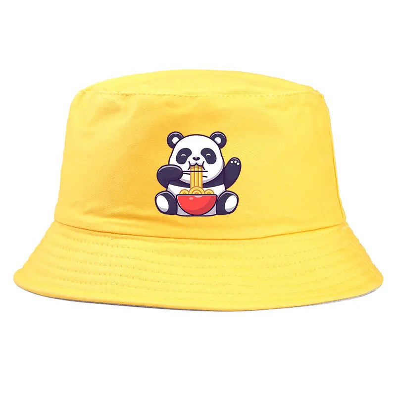 Panda Eating Noodles Pattern Reversible Bucket Hat