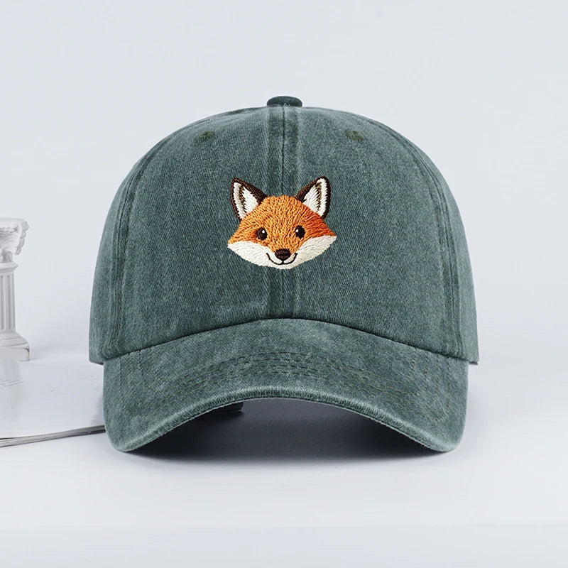 Cute Fox Embroidered Vintage Washed Baseball Cap