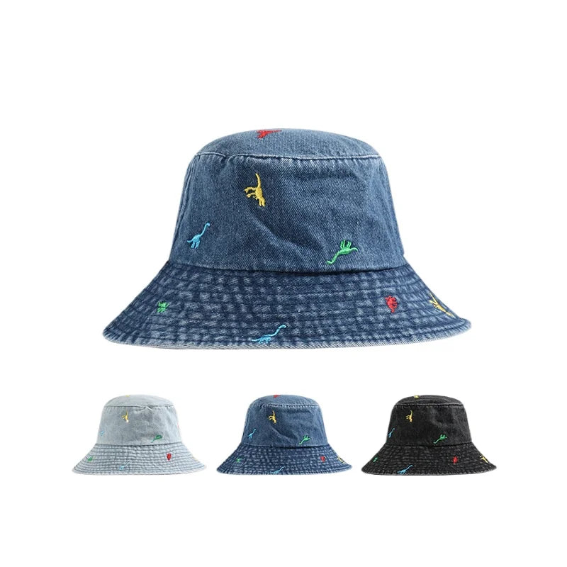 New Denim Summer Bucket Hat For Women Embroidery Cute Cartoon Dinosaur