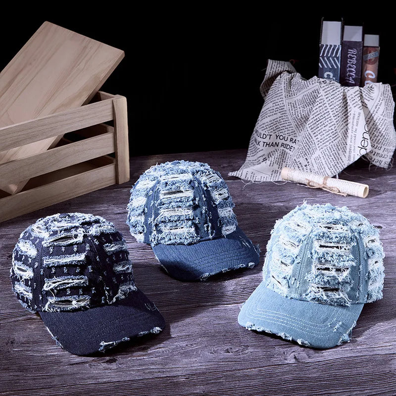 Distressed Denim Baseball Cap Vintage Ripped Style