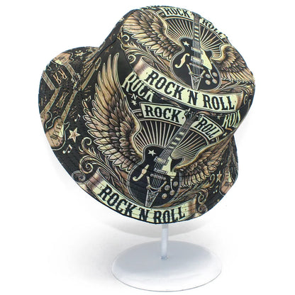 Rock Roll Letters Guitar Print Bucket Hat Double Sides Fisherman Hat Panama Cap