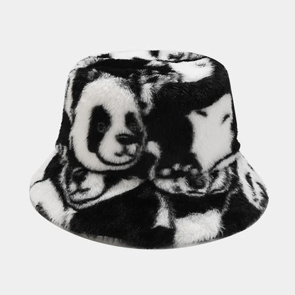 Panda Print Faux Fur Bucket Hat Winter Cap For Women Men