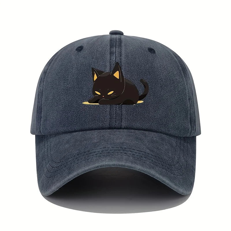 Retro Style Black Cat Printed Baseball Cap With Adjustable Sun Protection