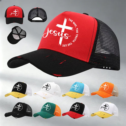 Christian Jesus Cross Print Color Block Mesh Baseball Cap