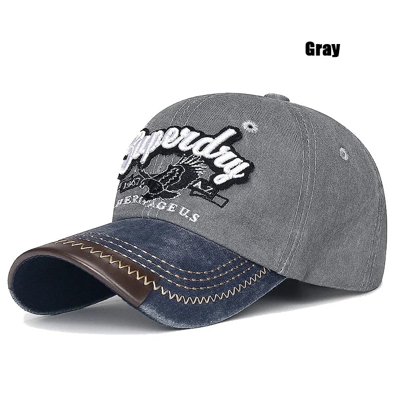 New Unisex Washed Cotton Embroidered Eagle Baseball Cap American Retro Contrast