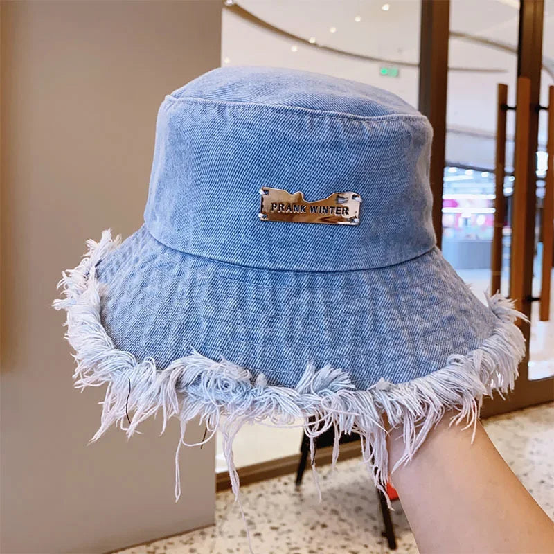 Summer Unisex Tassel Washed Denim Bucket Hats Fashion for Women