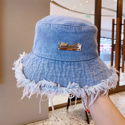 Summer Unisex Tassel Washed Denim Bucket Hats Fashion for Women