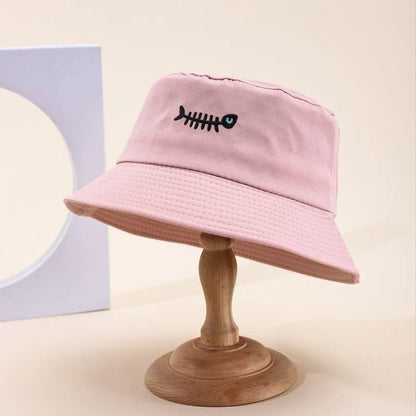 Bucket Hats Embroidery Fishbone Pattern Fisherman Cap Candy Colors Hat For Women Men