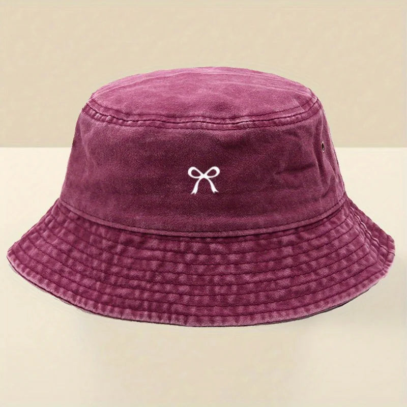Stylish Black Bucket Hat With White Bow Print