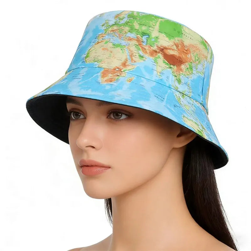 World Map Print Fisherman Hat Breathable Foldable Bucket Hat