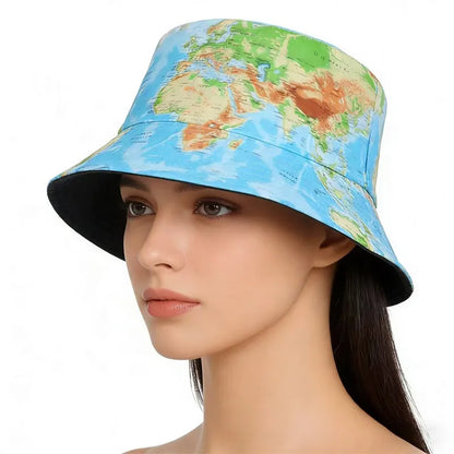World Map Print Fisherman Hat Breathable Foldable Bucket Hat