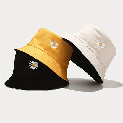 Unisex Daisy Print Bucket Hat - Black/Yellow Reversible Sun Hat