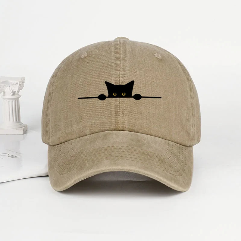 Retro Cartoon Cat Print Washed Baseball Cap