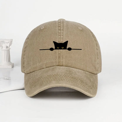 Retro Cartoon Cat Print Washed Baseball Cap