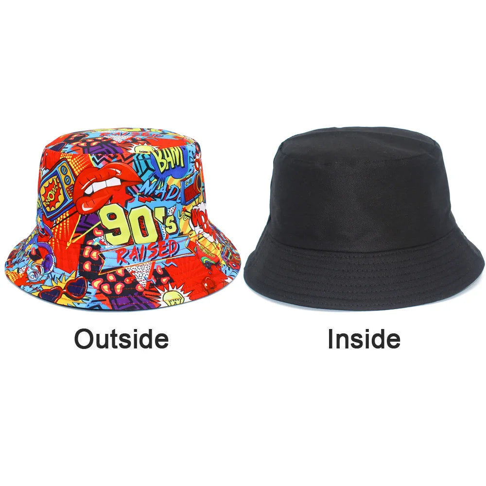 90s POP Print Letter Red Bucket Hat Fisherman Hats Panama Cap For Men Women