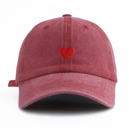 Red Heart Embroidery Washed Baseball Cap For Adults