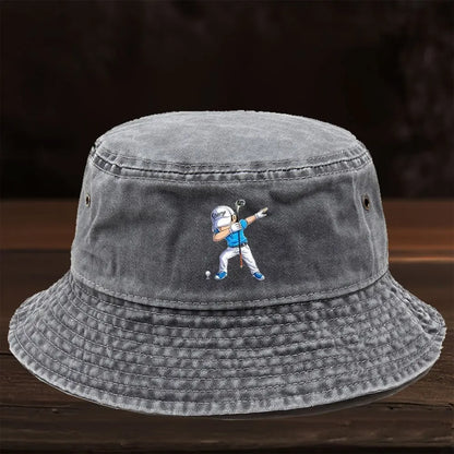 A Limited Edition Washed Bucket Hat Featuring a Cartoon Golf Figure Print Design