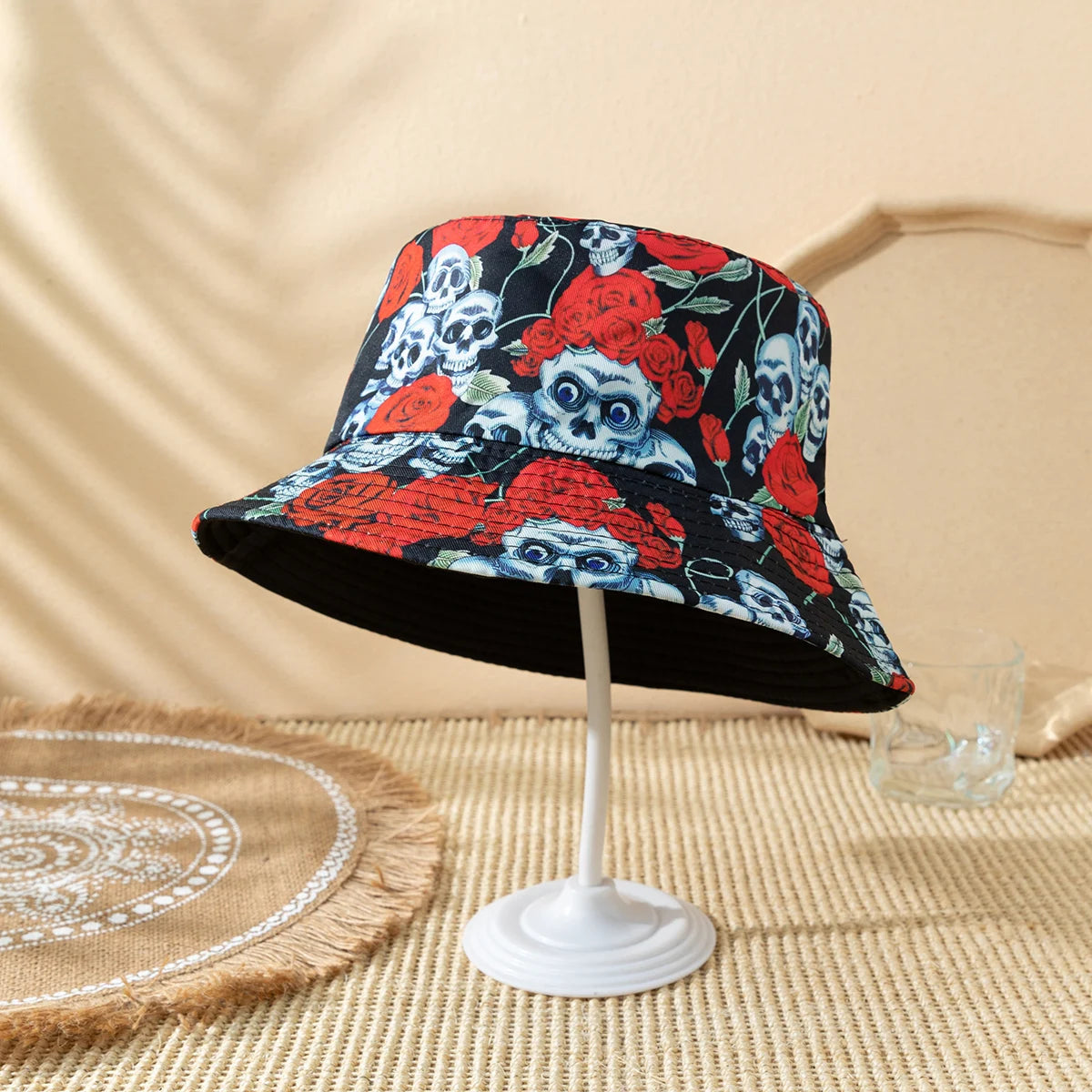 Cross-border Halloween Atmosphere, Fashionable Printed Rose Finger Skull Bucket Hat