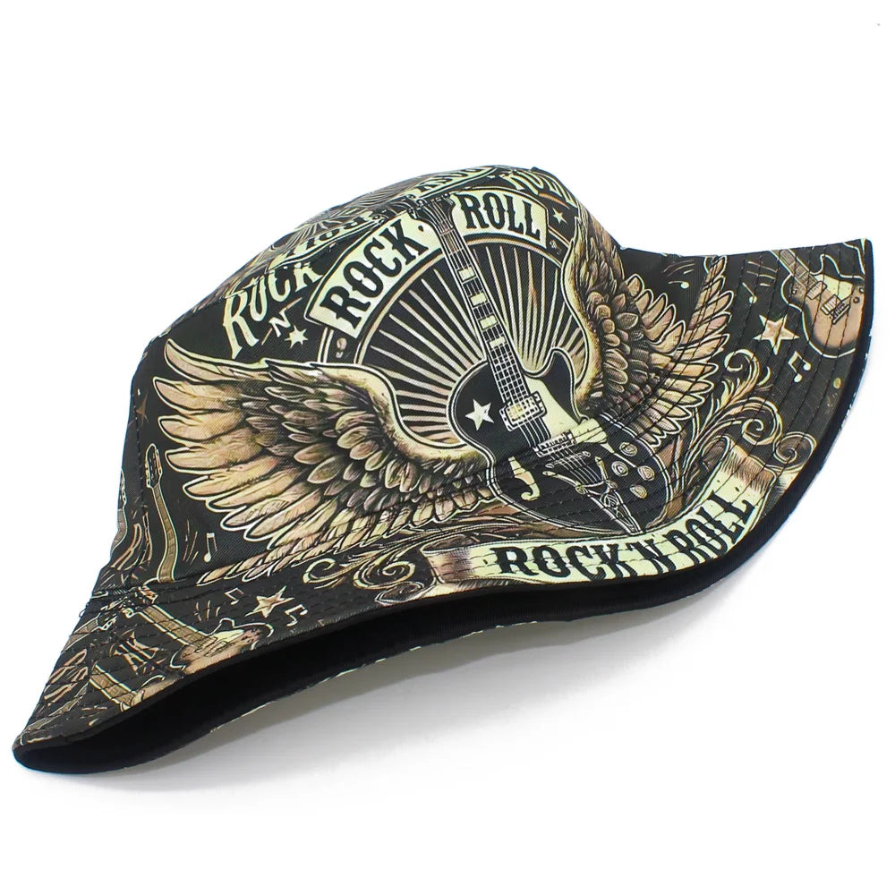 Rock Roll Letters Guitar Print Bucket Hat Double Sides Fisherman Hat Panama Cap