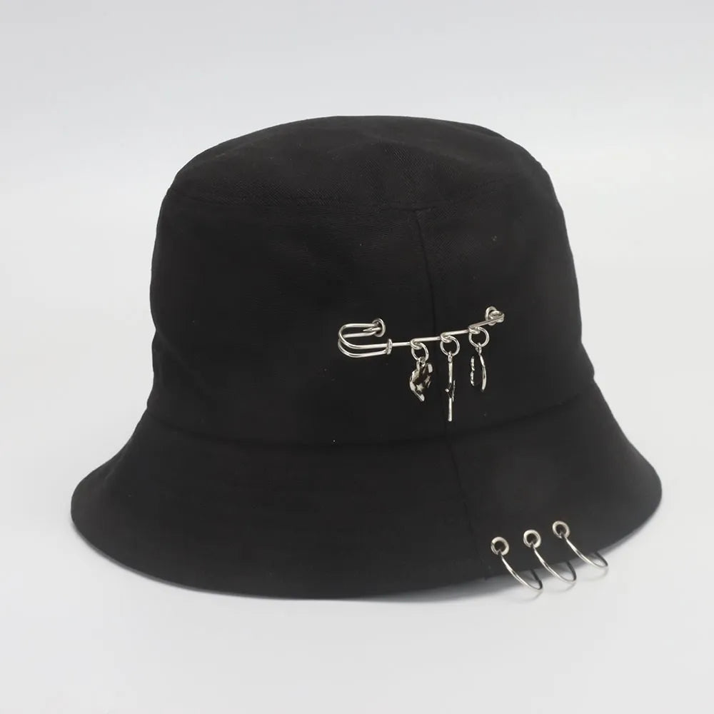 Bucket Hat Women Men Unisex Folding Fisherman Hat Black Metal Ring Flat Top Hip Hop Hats
