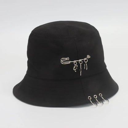 Bucket Hat Women Men Unisex Folding Fisherman Hat Black Metal Ring Flat Top Hip Hop Hats