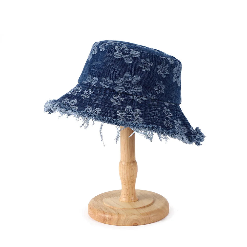 Sunscreen Denim Basin Hat Casual Wind Floral Burr Edge Versatile Bucket Hat