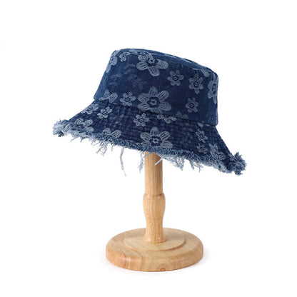 Sunscreen Denim Basin Hat Casual Wind Floral Burr Edge Versatile Bucket Hat