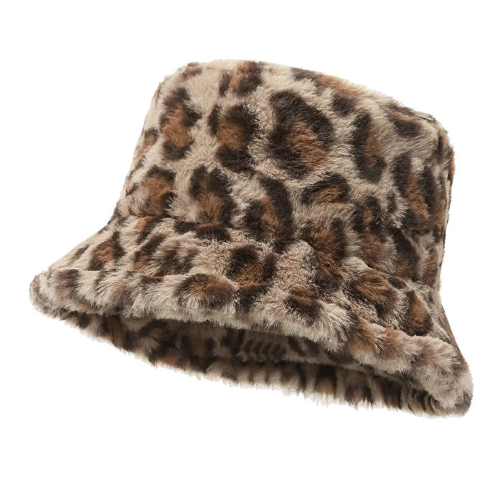 Versatile Korean Style Leopard Print Bucket Hat Winter Warm Hat For Girls