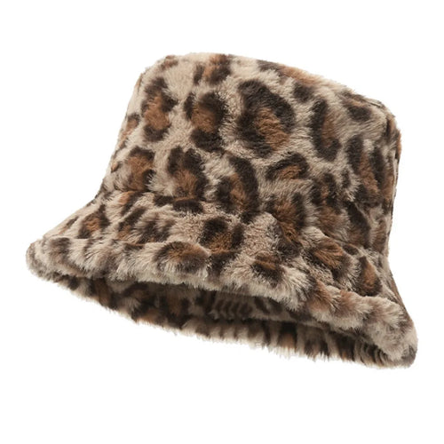 Versatile Korean Style Leopard Print Bucket Hat Winter Warm Hat For Girls